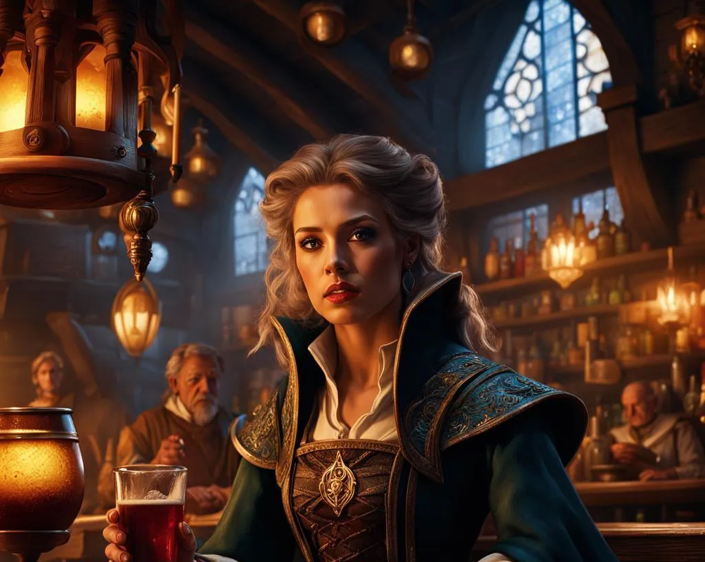 Concept art featuring a female adventurer holding a pint of ale in a local tavern.