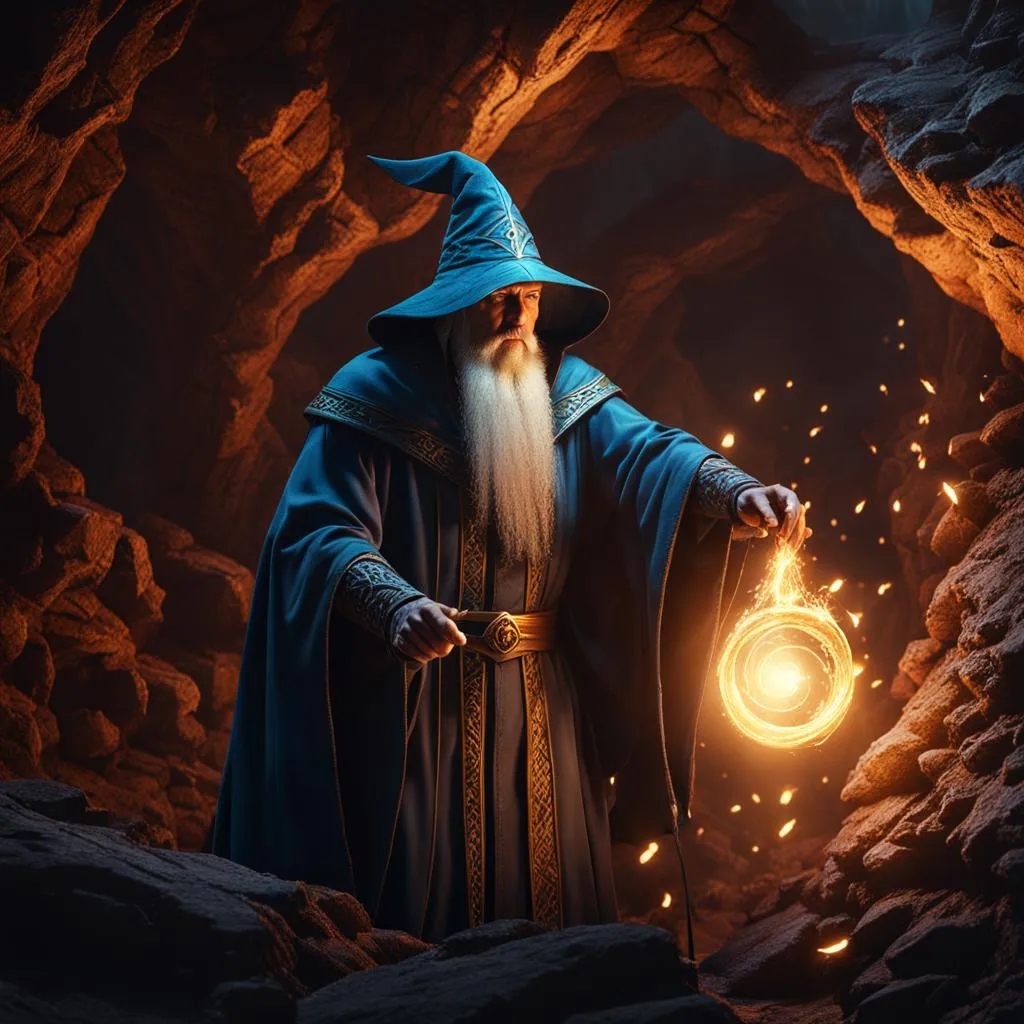 Concept art featuring a wizard casting a spell to light a dark cavern.
